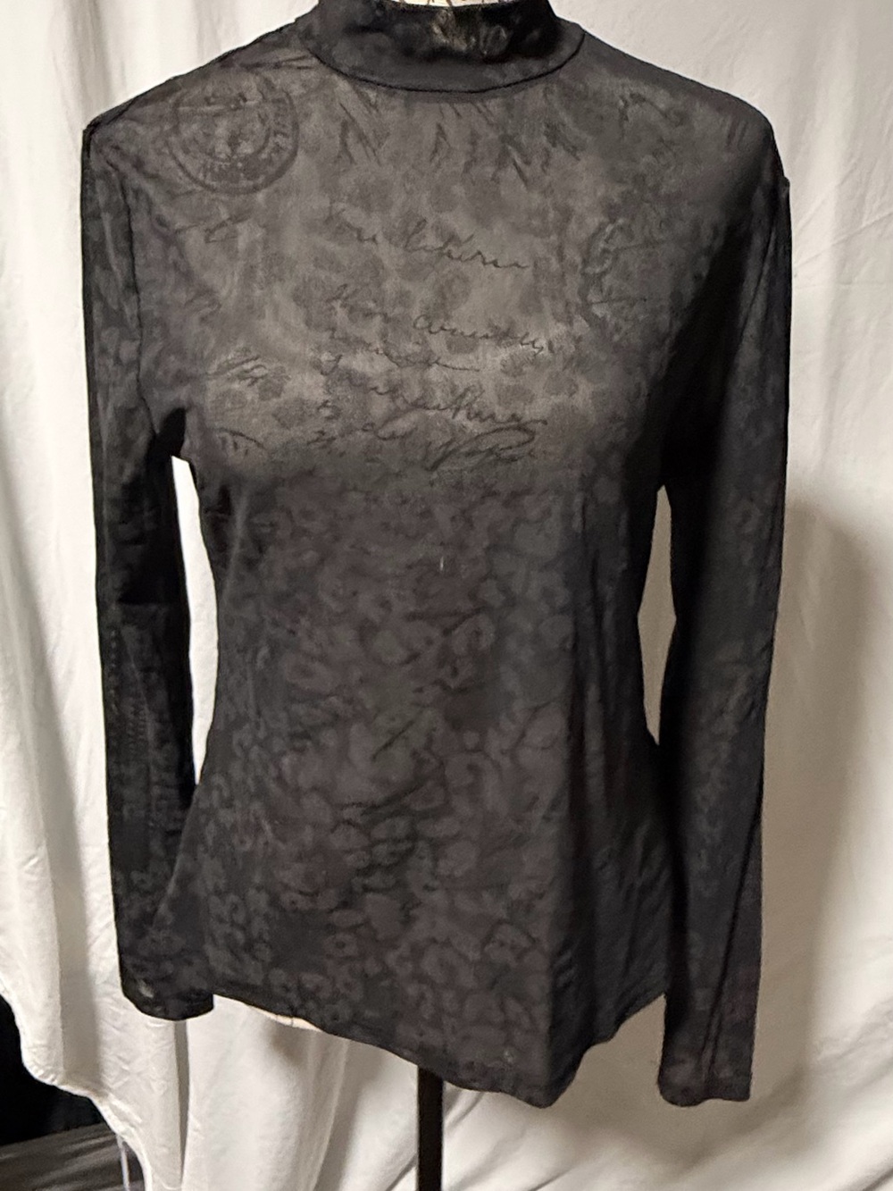 SHEIN Black Sheer Mesh Mock Neck Script Leopard Top Size L